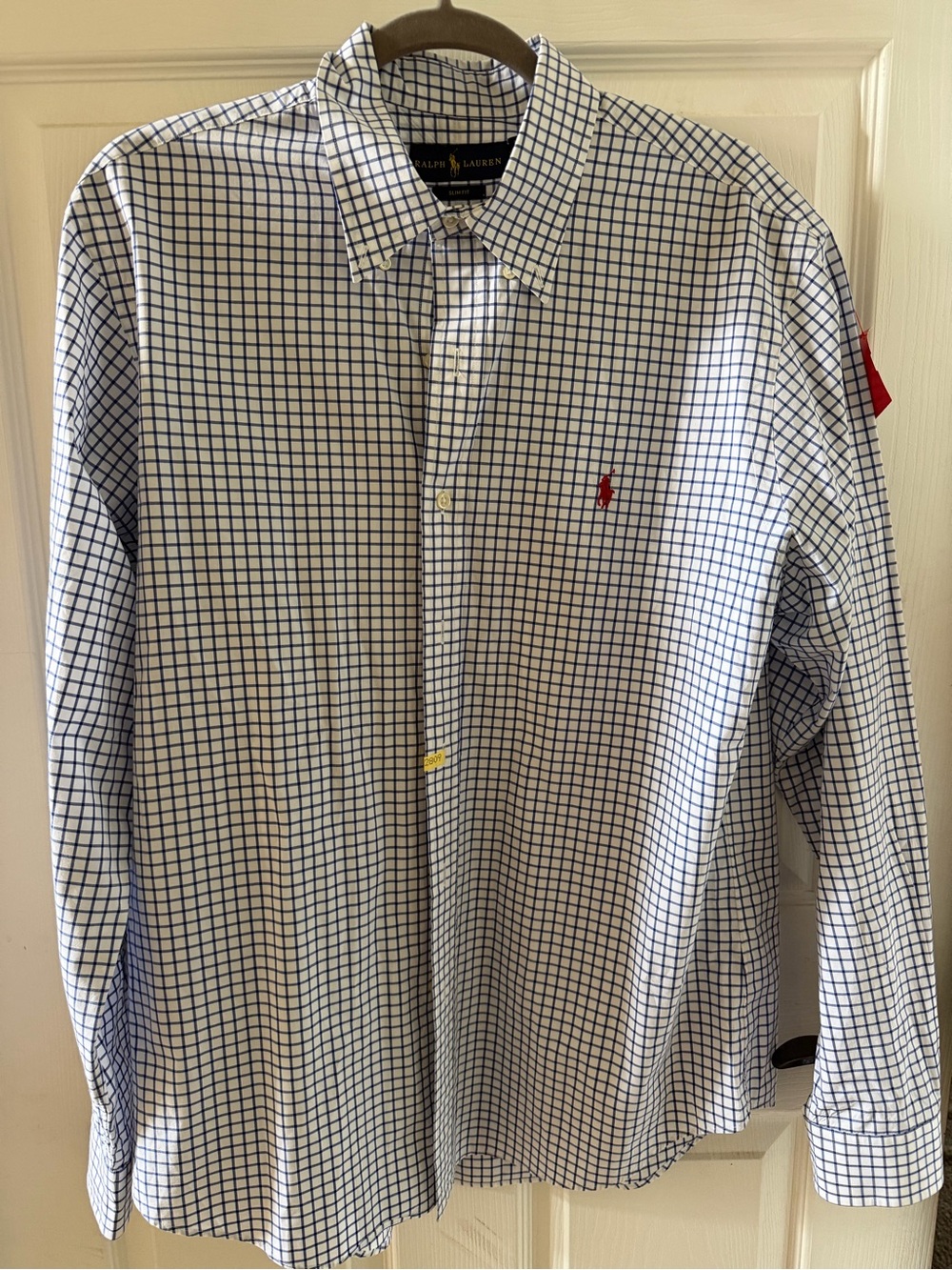 Ralph Lauren Men's White Shirt with Blue Windowpane and Red Polo Logo